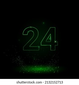 A large green outline around the clock symbol on the center. Green Neon style. Neon color with shiny stars. Vector illustration on black background
