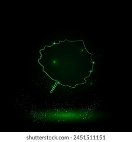 A large green outline aspen leaf on the center. Green Neon style. Neon color with shiny stars. Vector illustration on black background