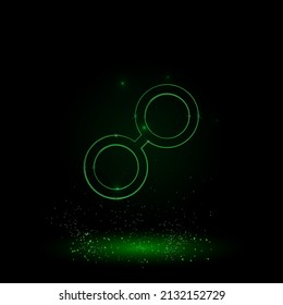 A large green outline astrological opposition symbol on the center. Green Neon style. Neon color with shiny stars. Vector illustration on black background