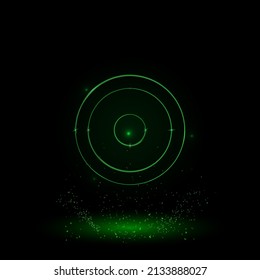 A large green outline astrological sun symbol on the center. Green Neon style. Neon color with shiny stars. Vector illustration on black background