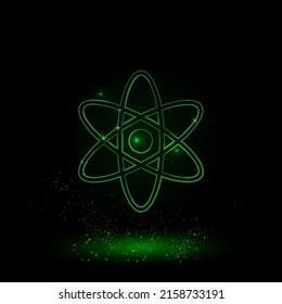 A large green outline atomic symbol on the center. Green Neon style. Neon color with shiny stars. Vector illustration on black background
