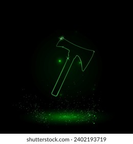 Un gran símbolo de hacha de contorno verde en el centro. Estilo neón verde. Color neón con estrellas brillantes. Ilustración del vector sobre fondo negro