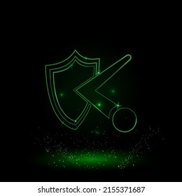 A large green outline ball bounces off the shield symbol on the center. Green Neon style. Neon color with shiny stars. Vector illustration on black background