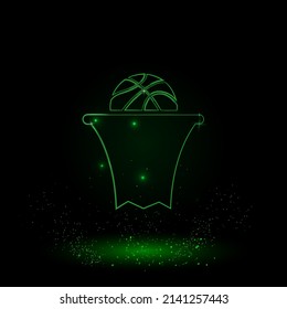 A large green outline basketball symbol on the center. Green Neon style. Neon color with shiny stars. Vector illustration on black background