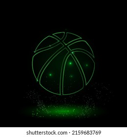 A large green outline basketball symbol on the center. Green Neon style. Neon color with shiny stars. Vector illustration on black background