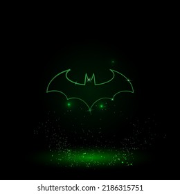A large green outline bat symbol on the center. Green Neon style. Neon color with shiny stars. Vector illustration on black background