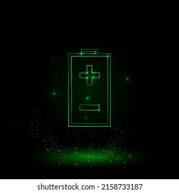 A large green outline battery symbol on the center. Green Neon style. Neon color with shiny stars. Vector illustration on black background