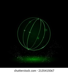 A large green outline beach ball symbol on the center. Green Neon style. Neon color with shiny stars. Vector illustration on black background