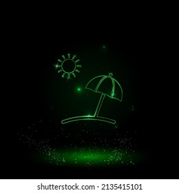 A large green outline beach symbol on the center. Green Neon style. Neon color with shiny stars. Vector illustration on black background