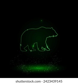 A large green outline bear icon on the center. Green Neon style. Neon color with shiny stars. Vector illustration on black background