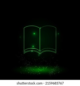 Un gran símbolo de libro de contorno verde en el centro. Estilo neón verde. Color neón con estrellas brillantes. Ilustración del vector sobre fondo negro