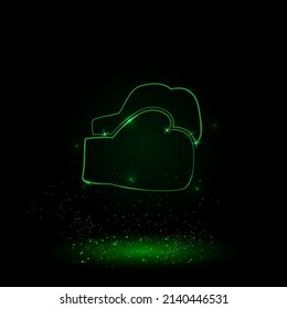 A large green outline boxing gloves symbol on the center. Green Neon style. Neon color with shiny stars. Vector illustration on black background