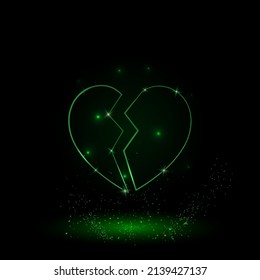 A large green outline broken heart symbol on the center. Green Neon style. Neon color with shiny stars. Vector illustration on black background