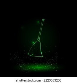 A large green outline broom symbol on the center. Green Neon style. Neon color with shiny stars. Vector illustration on black background