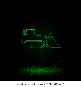 A large green outline bulldozer symbol on the center. Green Neon style. Neon color with shiny stars. Vector illustration on black background