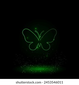 Un Grande contorno verde de mariposa en el centro. Estilo de neón verde. Color neón con estrellas brillantes. Ilustración vectorial sobre fondo negro