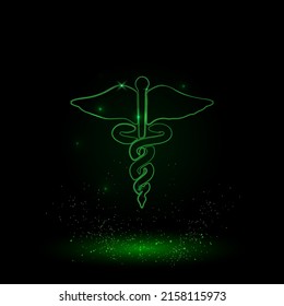A large green outline caduceus symbol on the center. Green Neon style. Neon color with shiny stars. Vector illustration on black background