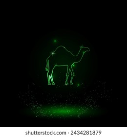 A large green outline camel symbol on the center. Green Neon style. Neon color with shiny stars. Vector illustration on black background