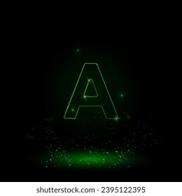 A large green outline capital letter A symbol on the center. Green Neon style. Neon color with shiny stars. Vector illustration on black background