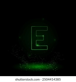 A large green outline capital letter E symbol on the center. Green Neon style. Neon color with shiny stars. Vector illustration on black background