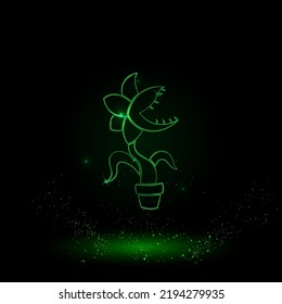 A large green outline carnivorous plant symbol on the center. Green Neon style. Neon color with shiny stars. Vector illustration on black background