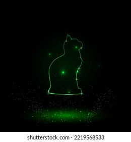A large green outline cat symbol on the center. Green Neon style. Neon color with shiny stars. Vector illustration on black background