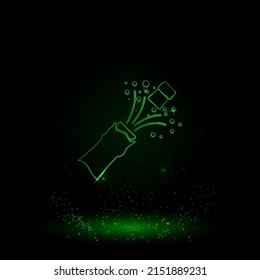 A large green outline champagne opening symbol on the center. Green Neon style. Neon color with shiny stars. Vector illustration on black background