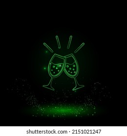 A large green outline champagne toast symbol on the center. Green Neon style. Neon color with shiny stars. Vector illustration on black background