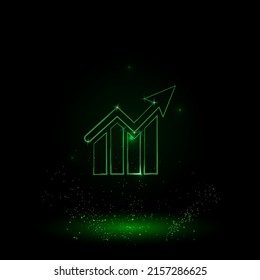 A large green outline chart up symbol on the center. Green Neon style. Neon color with shiny stars. Vector illustration on black background