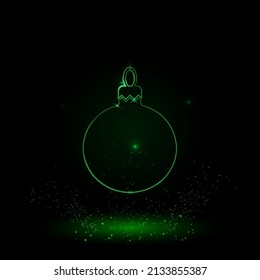 A large green outline Christmas tree toy on the center. Green Neon style. Neon color with shiny stars. Vector illustration on black background