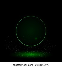 A large green outline circle on the center. Green Neon style. Neon color with shiny stars. Vector illustration on black background