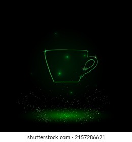 A large green outline coffee cup symbol on the center. Green Neon style. Neon color with shiny stars. Vector illustration on black background