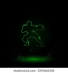 A large green outline combat robot on the center. Green Neon style. Neon color with shiny stars. Vector illustration on black background