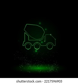 A large green outline concrete mixer truck symbol on the center. Green Neon style. Neon color with shiny stars. Vector illustration on black background