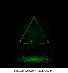A large green outline cone symbol on the center. Green Neon style. Neon color with shiny stars. Vector illustration on black background