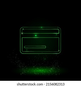 A large green outline credit card symbol on the center. Green Neon style. Neon color with shiny stars. Vector illustration on black background