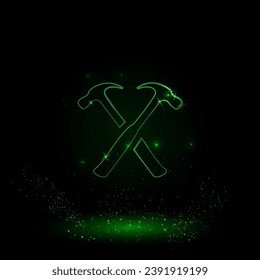 A large green outline crossed hammers symbol on the center. Green Neon style. Neon color with shiny stars. Vector illustration on black background
