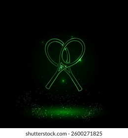 A large green outline crossed tennis rackets symbol on the center. Green Neon style. Neon color with shiny stars. Vector illustration on black background