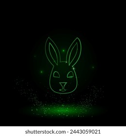 A large green outline cute hare head symbol on the center. Green Neon style. Neon color with shiny stars. Vector illustration on black background