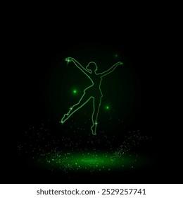 A large green outline dancing girl symbol on the center. Green Neon style. Neon color with shiny stars. Vector illustration on black background