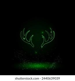 A large green outline deer horns symbol on the center. Green Neon style. Neon color with shiny stars. Vector illustration on black background
