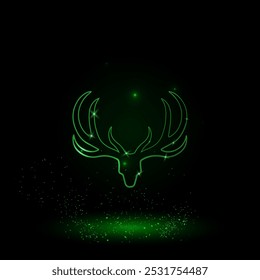 A large green outline deer horns symbol on the center. Green Neon style. Neon color with shiny stars. Vector illustration on black background