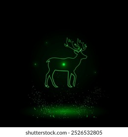 A large green outline deer symbol on the center. Green Neon style. Neon color with shiny stars. Vector illustration on black background