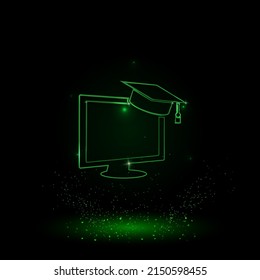A large green outline distance learning symbol on the center. Green Neon style. Neon color with shiny stars. Vector illustration on black background