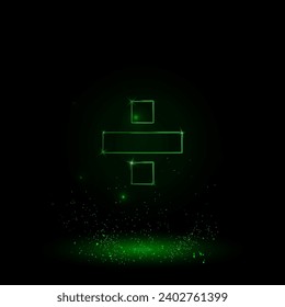 A large green outline division symbol on the center. Green Neon style. Neon color with shiny stars. Vector illustration on black background