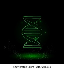 A large green outline dna symbol on the center. Green Neon style. Neon color with shiny stars. Vector illustration on black background