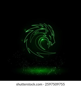A large green outline dragon's head symbol on the center. Green Neon style. Neon color with shiny stars. Vector illustration on black background