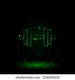 A large green outline dumbbell symbol on the center. Green Neon style. Neon color with shiny stars. Vector illustration on black background