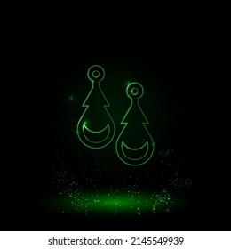 A large green outline earrings symbol on the center. Green Neon style. Neon color with shiny stars. Vector illustration on black background