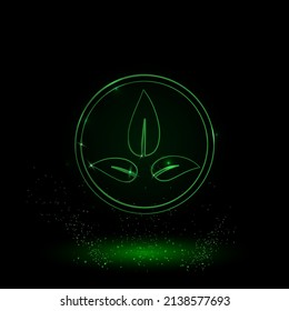 A large green outline ecology symbol on the center. Green Neon style. Neon color with shiny stars. Vector illustration on black background